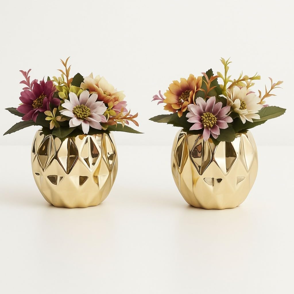 Decoracao Mini Vasinhos Ceramica e Flor Artificial EnfeiteDourado1002