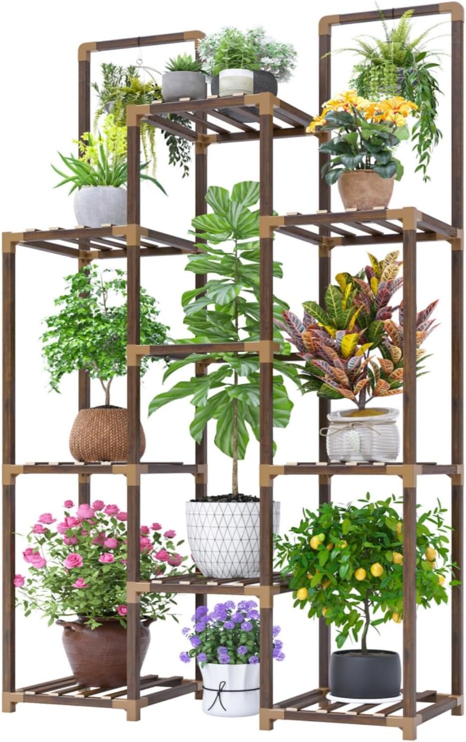 EnHomee Suporte de plantas alto para ambientes internos e externos, grande prateleira de madeira para ambientes internos para 12 vasos, suporte de plantas de 4 camadas para pátio, sala de estar, 1 EnHomee Suporte de plantas alto para ambientes internos e