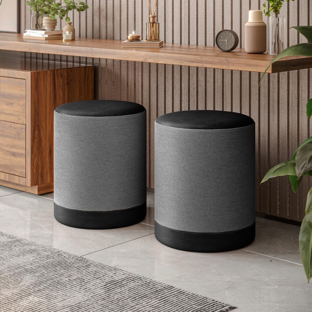 KIT 2 PUFF CILINDRO EM LINHO CINZA COM ASSENTO EM