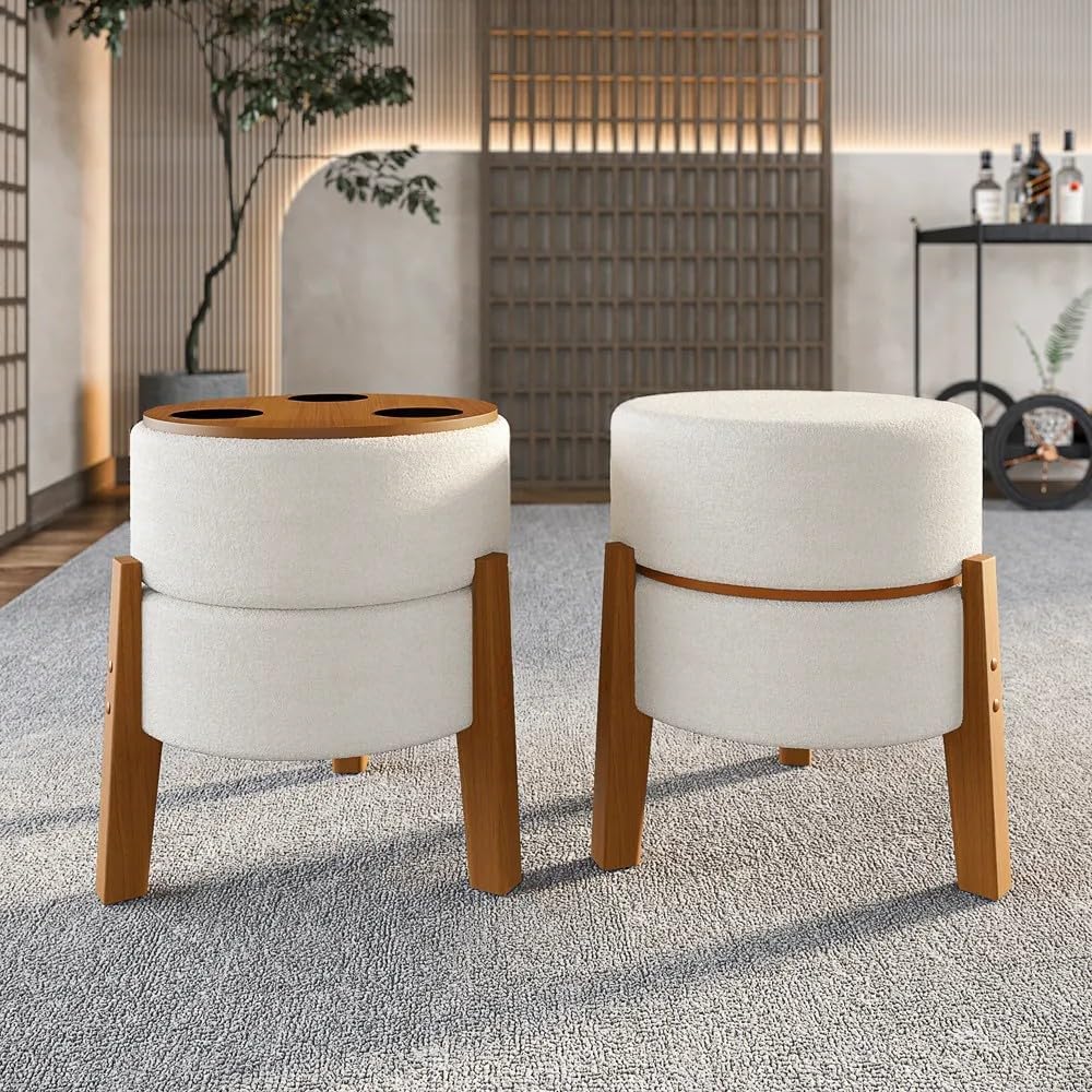 KIT 2 Puff Portacopos Tecido Boucle Bege Pes De Madeira