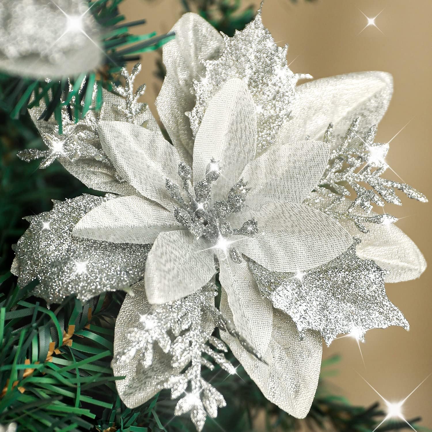 Kisflower 24 pecas flores de poinsetia de prata artificial decoracoes