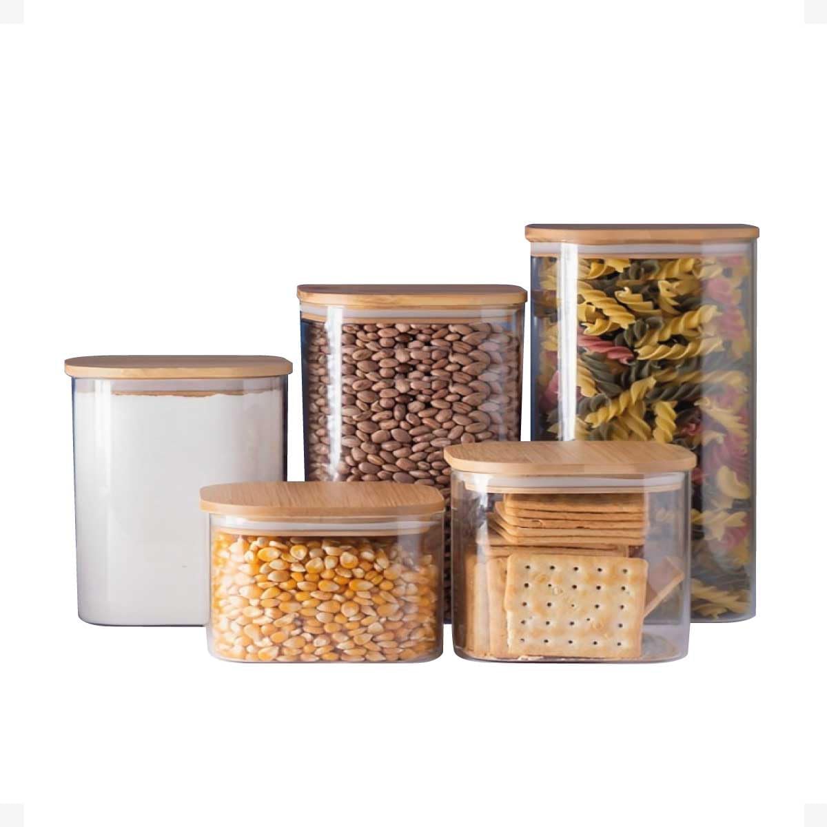 Kit 5 Potes Hermeticos de Vidro Com Tampa De Bambu