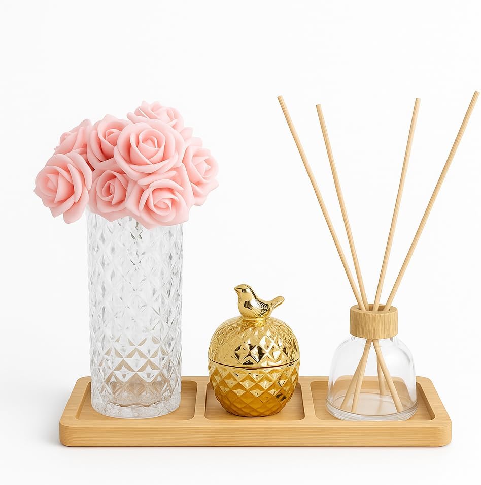 Kit Decorativo com Vaso de Vidro Rosas Artificiais Pote com