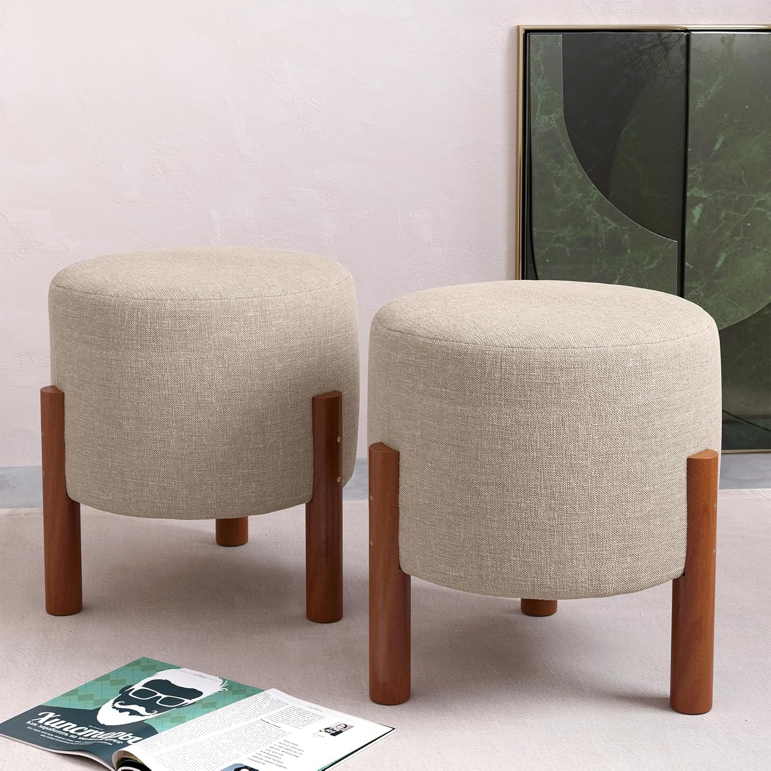 Kit Puff Acento Banquinho Redondo Linho Pes Palito Madeira