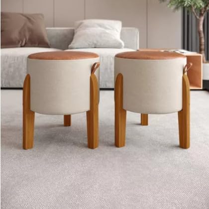 Kit Puff Bege Redondo Banqueta em Linho e Couro Conjunto