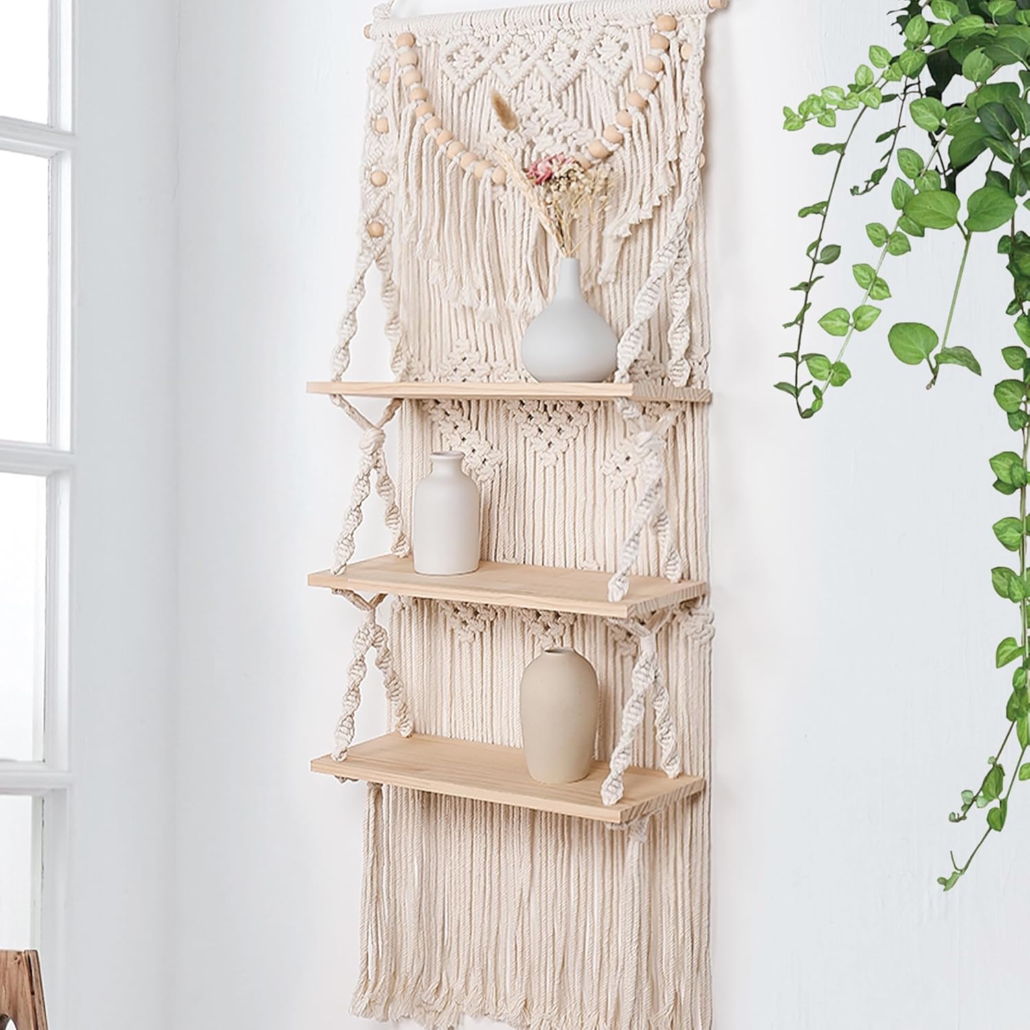 Osunnus Prateleira de parede de macrame de 3 camadas