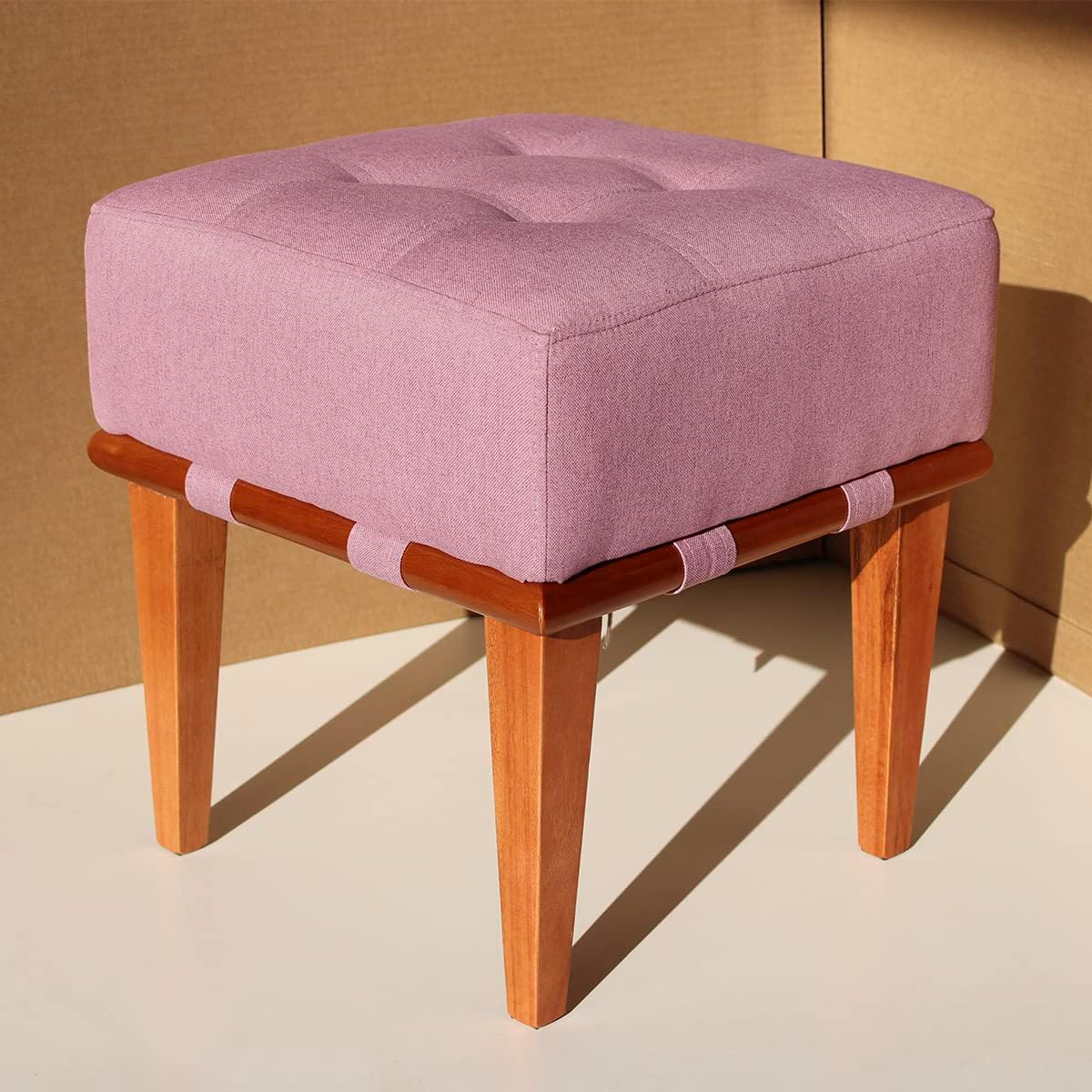 Puff Quadrado Para Sala de Linho Decorativo Base em Madeira