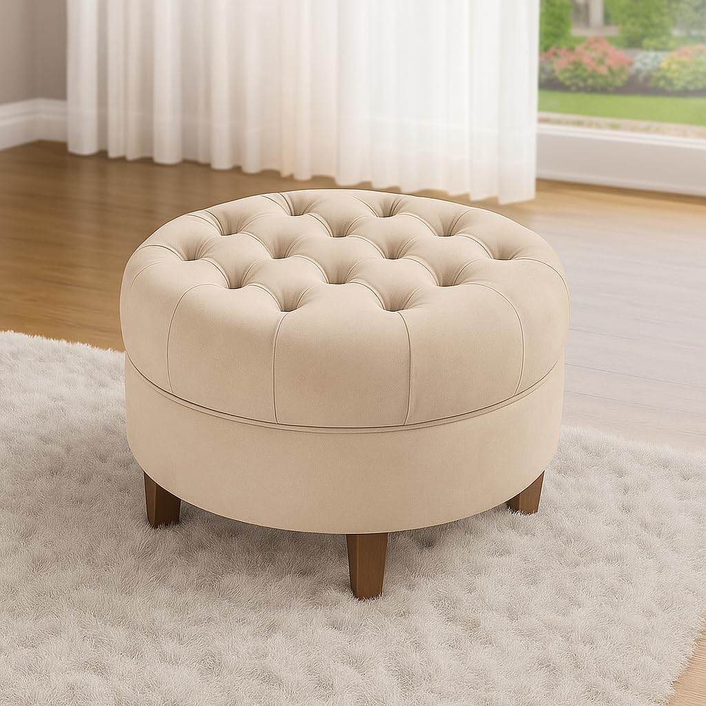Puff Redondo Capitone Amsterda Moderno Suede Para Sala Quarto BEGE