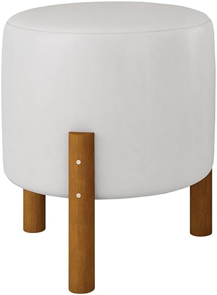 Puff Redondo Luxo Apolo Pes Madeira MacicaCorino Branco