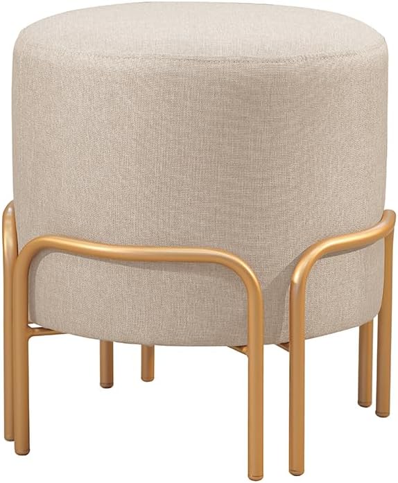 Puff Redondo Torvi em Linho e Base Metal Dourado Agarb