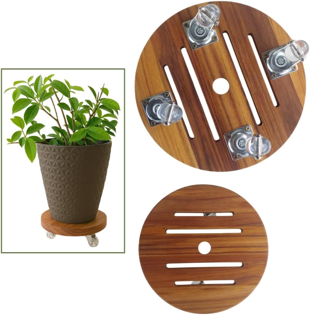 Suporte Para Vaso De Planta De Madeira Redondo Com Rodinhas De Silicone 20cm 1 Suporte Para Vaso De Planta De Madeira Redondo Com Rodinhas