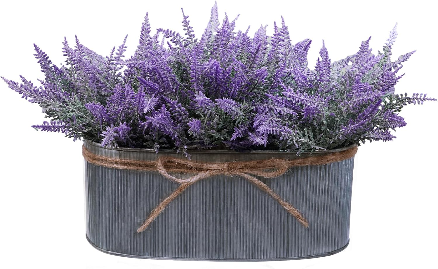 Winlyn Arranjo de flores de lavanda artificial de 25,4 cm em caixa de plantador de metal galvanizado oval rústico, plantas em vaso de lavanda sintética para casa de fazenda, mesa de primavera, peça 1 Winlyn Arranjo de flores de lavanda artificial de 254 cm
