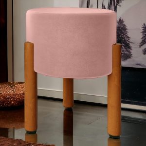 Puff ((VELUDO ROSA)) Banco Penteadeira PUFF Decorativo redondo Pés Madeira maciça 45cmx35cm