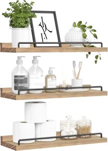 RYOFOBETTO Prateleiras flutuantes, prateleiras de decoração de banheiro sobre vaso sanitário, prateleiras de parede de fazenda para sala de estar, quarto, molduras, plantas, cozinha, conjunto de 3 (marrom claro)