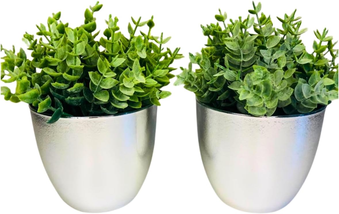 Conjunto de 2 Vasos Decorativos com Plantas Artificiais Vaso Prateado