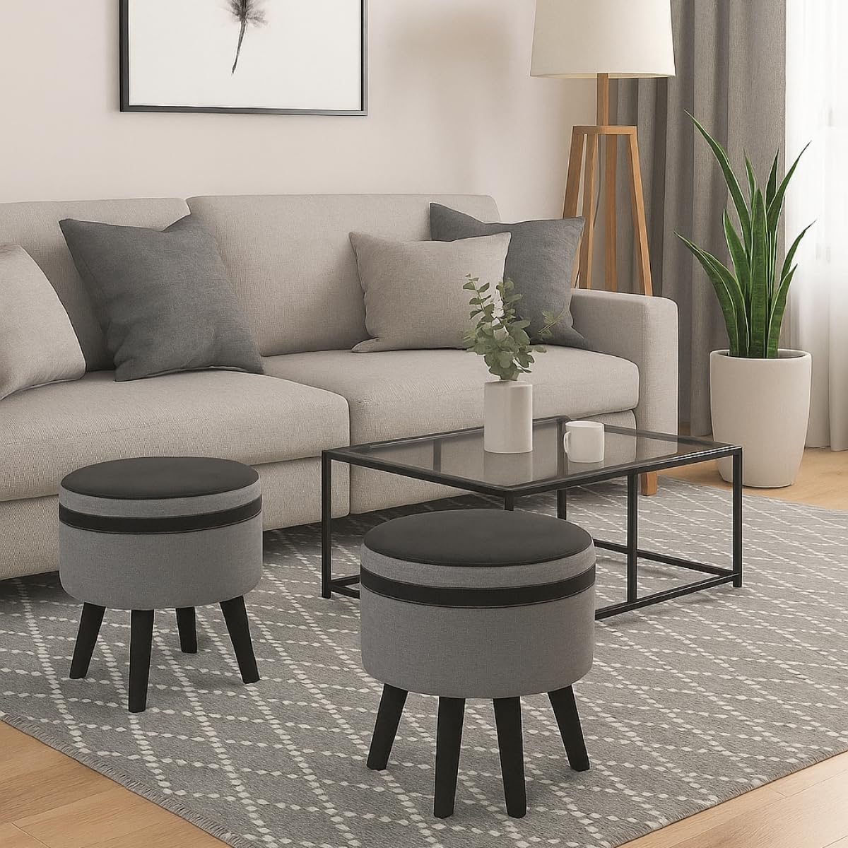 Kit 2 Puff Banqueta Redondo Banco Pufe Assento Macio em Courino Tecido Linho Decorativo para Sala Escritório Apartamento Soft Lúmina Pés em Madeira (Cinza) 1 Kit 2 Puff Banqueta Redondo Banco Pufe Assento Macio em