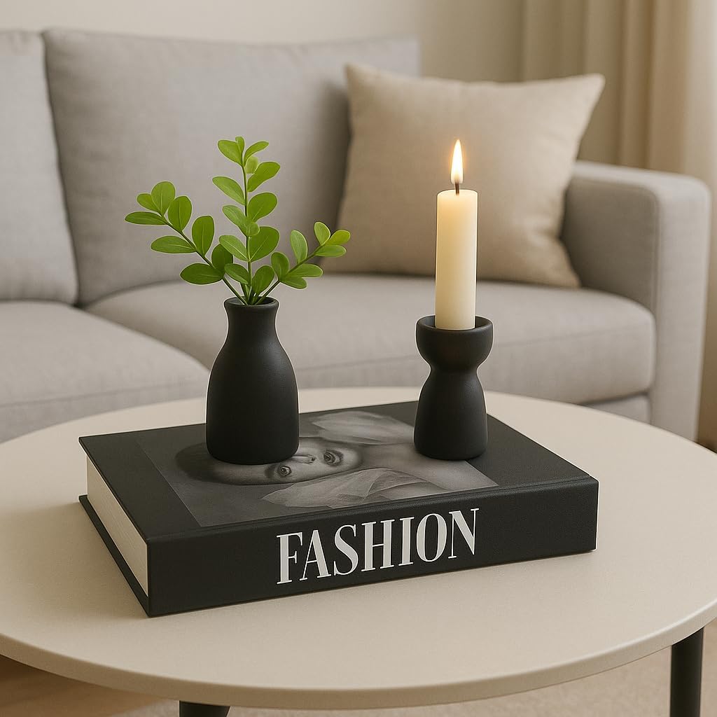 Kit Decorativo com Livro Fashion Book Vaso Preto com Planta