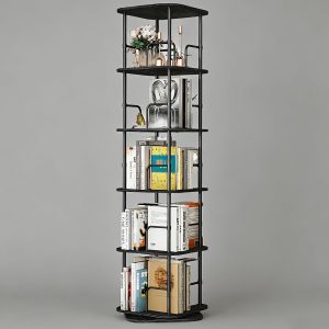 Estante giratória de 5 níveis 360°, organizador de armazenamento de canto em pé no chão com economia de espaço para pequenos espaços, estante giratória quadrada para sala de estar de