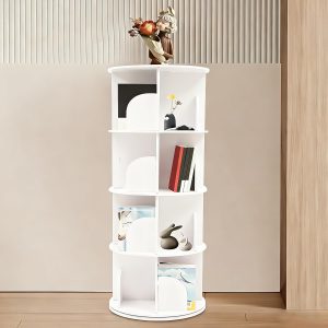 Estante giratória de 4 níveis – Organizador de estante giratória de 360°, prateleira giratória branca com 16 compartimentos, estante de canto independente para quarto, sala de estar, escritório