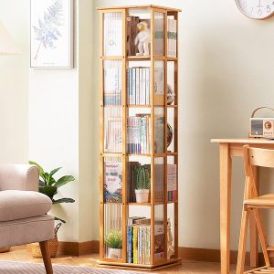 Estante giratória 360, vitrine giratória com porta de armário de acrílico, rack de armazenamento com prateleiras de design aberto, para sala de estar, sala de estudo, escritório