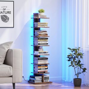 TUTOTAK Estante estreita, estante de livros de 8 camadas com luzes LED, prateleira de livros lombada para espaços pequenos, prateleira de canto para sala de estar, escritório, escritório, entrada