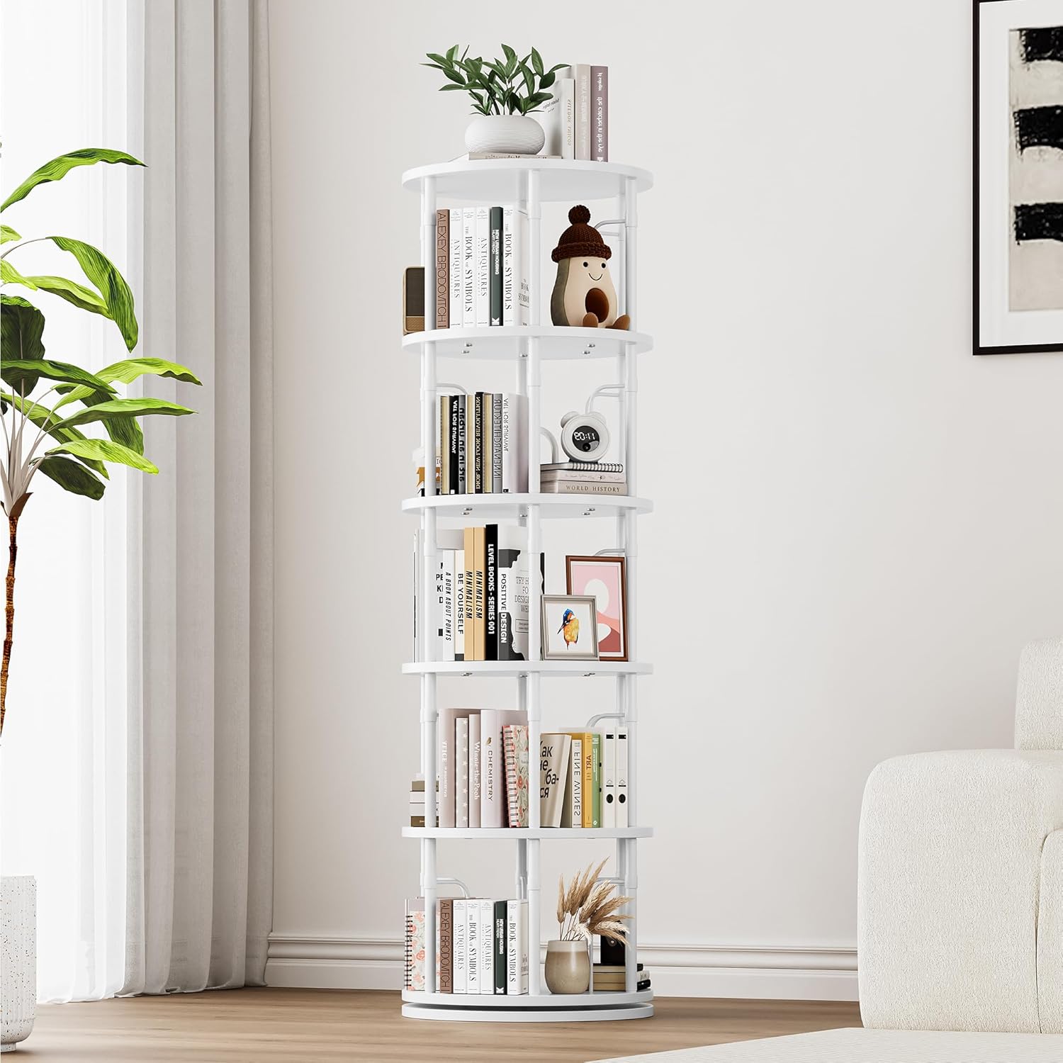 Estante giratória de 5 níveis, estante giratória de 360°, prateleira giratória vertical para pequenos espaços, canto, sala de estar, quarto, branca 1 Estante giratoria de 5 niveis estante giratoria de 360° prateleira