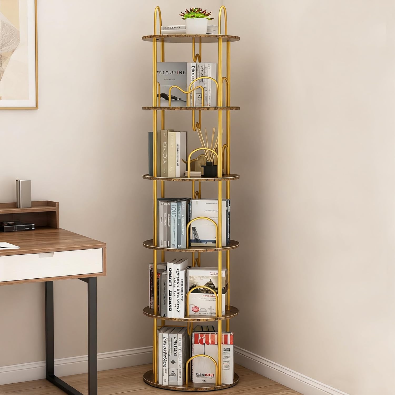 Estante rotativa de 5 níveis, torre giratória de 360°, prateleira de canto estreito, estante giratória para espaços pequenos, quarto, sala de estar, dourada 1 Estante rotativa de 5 niveis torre giratoria de 360° prateleira