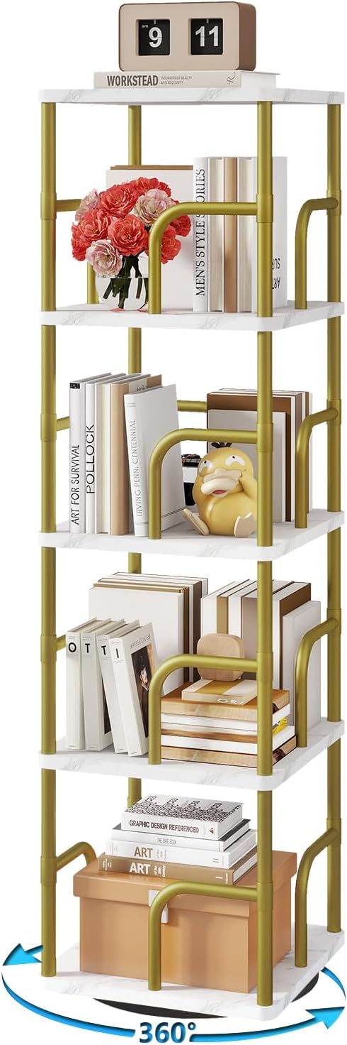 IBUYEK Estante giratória quadrada de 5 camadas, torre giratória, estante alta de giro vertical de 360°, organizador de armazenamento de canto giratório para quarto, sala de estar, branco, UTBC004GW 1 IBUYEK Estante giratoria quadrada de 5 camadas torre giratoria estante