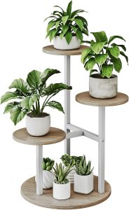 Suporte para Plantas Interno 4 Camadas 5 Vasos Múltiplos Suporte para Vasos de Flores para Pátio Jardim Varanda Sala de Estar Canto (4 Camadas Branco + Sonoma Oa)