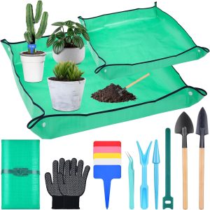 Tapete de replantio de 2 peças – grande, 99 cm e pequeno, 66 cm, dobrável, impermeável, tapete de jardinagem com acessórios, bandeja portátil para plantas e suculentas