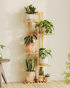 Bamworld Suporte de plantas de 119 cm de altura para ambientes internos, 5 camadas, suporte para plantas de bambu, suporte de canto para várias plantas, suporte de plantas de interior para jardim