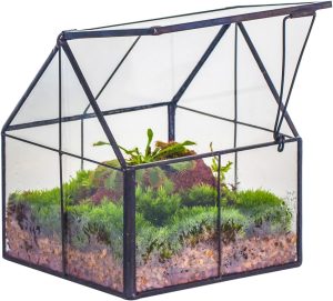 NCYP Mini terrário geométrico de vidro com tampa - 10,8 cm x 10,8 cm x 12,5 cm, vaso pequeno em forma de casa para plantas suculentas - feito à mão, decoração de mesa de jardim, escritório, preto