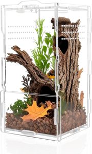 Terrário acrílico para répteis de 10 x 10 x 20 cm, caixa de tarântula de abertura frontal com trava giratória e porta de alimentação magnética, gaiola pequena para aranha saltadora, escorpião