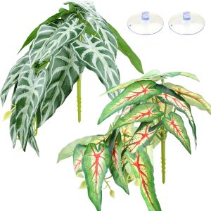 Pacote com 2 plantas répteis para terrário, decorações de habitat de folhas artificiais com ventosas, plantas penduradas em terrário, videiras para dragões barbudos, lagartos, cobras