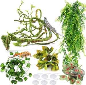 Plantas de répteis, plantas penduradas em terrário, folhas artificiais, couro de répteis, acessórios de tanque de lagartixa de leopardo, decorações de terrário para lagarto de dragão barbado, lagarto de cobra camaleão