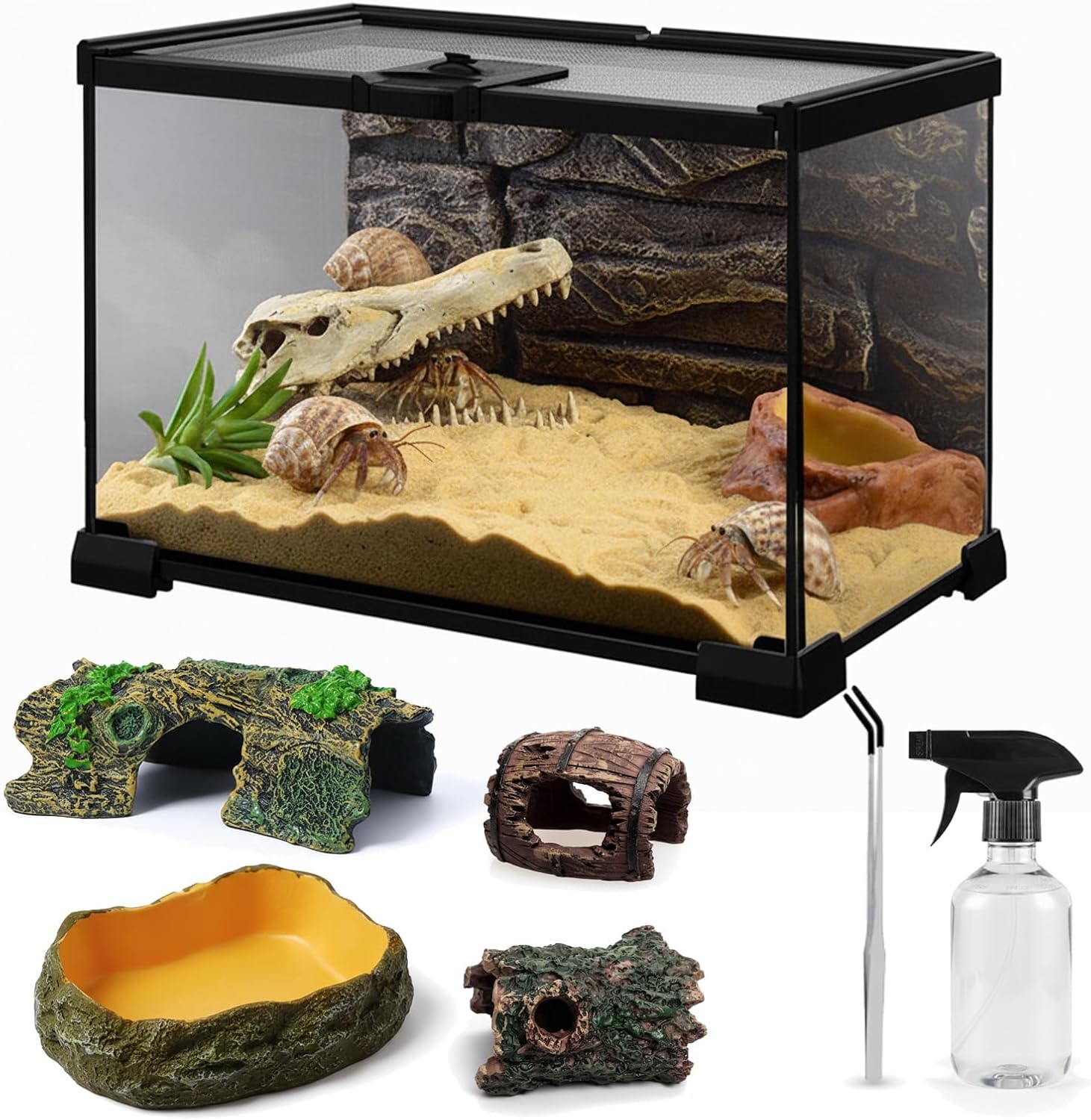 Kit de mini tanque de terrário de vidro para répteis de 30,5 x 20,3 x 15,2 cm (7 peças) com compartimento de alimentação e trava para tarântulas, lagartixas, sapos, aranhas, insetos, anfíbios e 1 Kit de mini tanque de terrario de vidro para repteis